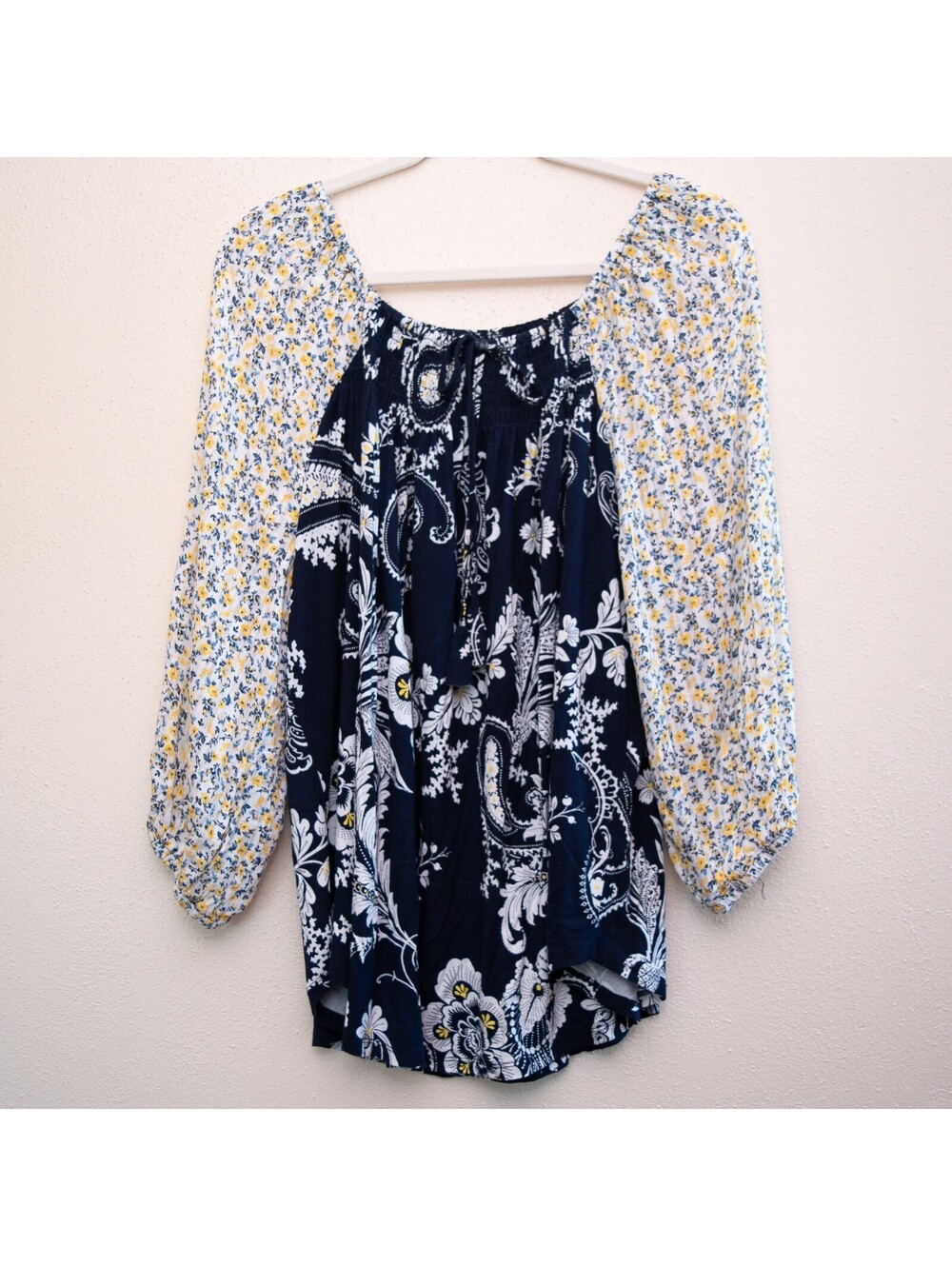 Cupio Mixed Print Peasant Top Paisley Floral Tie Neck Boho Coastal Wmns XL